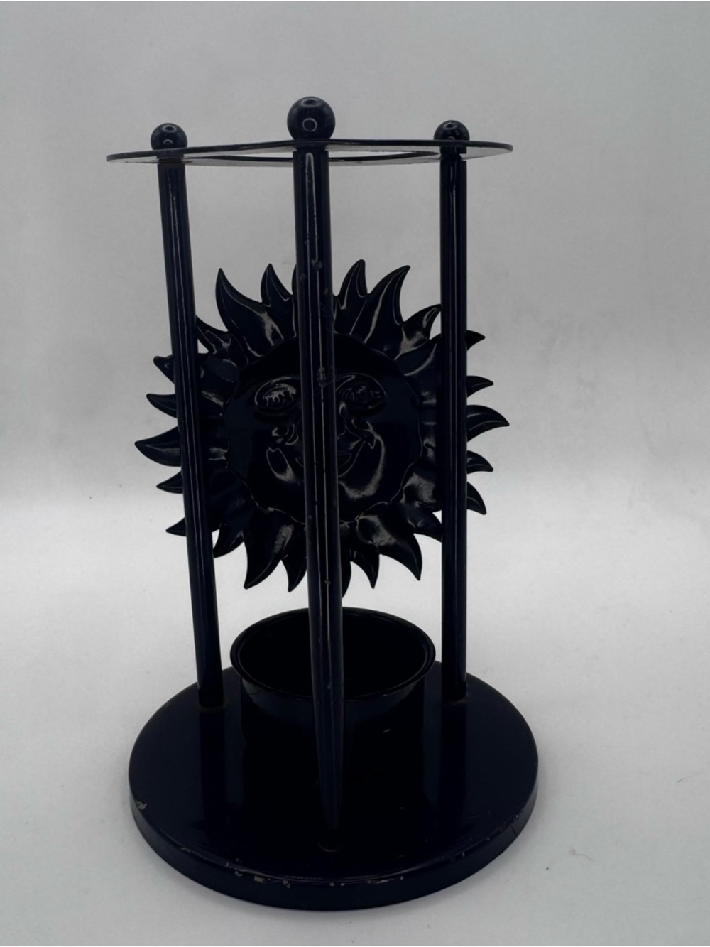 Sun Face Tealight Candle Holder Blue/Black Metal 5” Boho Decor - Picture 5 of 6